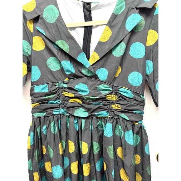 Zapaka 50s Style Dress, Fit and Flare, Gray, Blue and Green Polka Dots, Size L - Picture 4 of 9